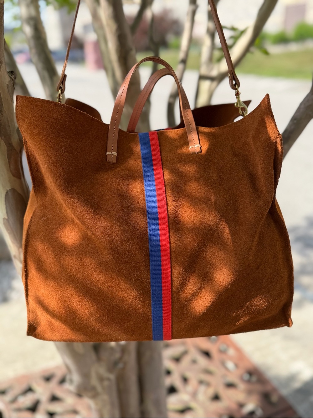 Clare V. Old Money Suede Simple Tote Camel Racing Stripe GUC - Picture 11 of 11